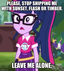 Size: 500x557 | Tagged: safe, derpibooru import, edit, edited screencap, screencap, sci-twi, twilight sparkle, better together, equestria girls, caption, cropped, episode needed, image macro, imgflip, implied flash sentry, implied flashlight, implied lesbian, implied scitwishimmer, implied shipping, implied straight, implied sunset shimmer, implied sunsetsparkle, implied timber spruce, implied timbertwi, mouthpiece, solo, text