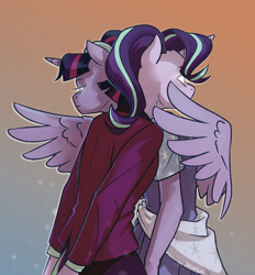 Size: 2256x2430 | Tagged: safe, artist:jewellier, derpibooru import, princess twilight 2.0, starlight glimmer, twilight sparkle, twilight sparkle (alicorn), alicorn, anthro, unicorn, the last problem, clothes, dress, glowing eyes, headmare starlight, hug, jacket, older, older starlight glimmer, older twilight, winghug, wings