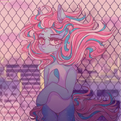 Size: 2000x2000 | Tagged: safe, artist:gunya, derpibooru import, oc, oc only, earth pony, semi-anthro, blush sticker, blushing, city, fence, solo, windswept mane