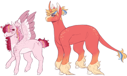 Size: 1920x1146 | Tagged: safe, artist:sleepy-nova, derpibooru import, oc, oc only, classical unicorn, pegasus, unicorn, arrow, blank flank, cloven hooves, duo, freckles, hair over eyes, heart arrow, leonine tail, magical gay spawn, magical lesbian spawn, offspring, parent:big macintosh, parent:shining armor, parents:cadancepie, parents:shiningmac, shoulder freckles, simple background, transparent background, unshorn fetlocks