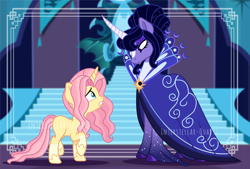 Size: 2492x1684 | Tagged: safe, artist:interstellar-quartz, derpibooru import, fluttershy, princess luna, alicorn, pony, alternate design, cloak, clothes, unicorn fluttershy