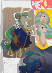 Size: 4092x5787 | Tagged: safe, artist:cadillacdynamite, derpibooru import, guardian angel (character), princess celestia, alicorn, pony, alternate hairstyle, blushing, clothes, crown, ethereal mane, female, guardsmare, jewelry, mare, regalia, robes, royal guard, sketch, sombra eyes