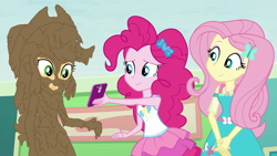 Size: 1920x1080 | Tagged: safe, alternate version, artist:amateur-draw, derpibooru import, edit, edited screencap, screencap, applejack, fluttershy, pinkie pie, human, better together, equestria girls, rollercoaster of friendship, clothes, cutie mark, cutie mark on clothes, dress, female, geode of fauna, geode of sugar bombs, magical geodes, mud, mud edit, muddy, phone, show accurate, skirt