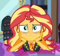 Size: 403x378 | Tagged: safe, derpibooru import, screencap, sunset shimmer, better together, equestria girls, holidays unwrapped, blizzard or bust, clothes, cropped, geode of empathy, jacket, jewelry, leather, leather jacket, magical geodes, necklace, shoes, solo, sunset shimmer is not amused, the pose, unamused