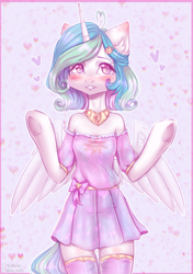 Size: 1764x2500 | Tagged: safe, artist:zefirka, derpibooru import, princess celestia, alicorn, semi-anthro, blushing, clothes, cute, cutelestia, dress, ear fluff, ears, female, heart, mare, shoulderless, thigh highs