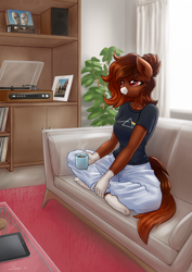 Size: 2480x3508 | Tagged: safe, artist:dandy, derpibooru import, oc, oc only, oc:java, anthro, earth pony, plantigrade anthro, breasts, clothes, coffee, commission, crossed legs, explicit source, feet, female, mare, mug, pants, pink floyd, record player, shirt, sofa, solo, sweatpants, t-shirt