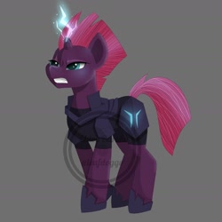 Size: 1608x1608 | Tagged: safe, artist:ittybittybiters, derpibooru import, tempest shadow, pony, unicorn, my little pony: the movie, angry, broken horn, female, glowing horn, gray background, horn, mare, simple background, solo, teeth, watermark