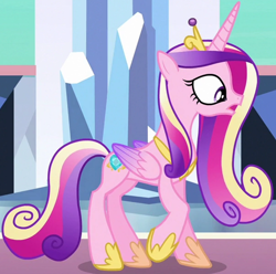 Size: 1100x1089 | Tagged: safe, derpibooru import, screencap, princess cadance, alicorn, pony, the times they are a changeling, cropped, female, hoof shoes, mare, open mouth, raised hoof, raised leg, solo