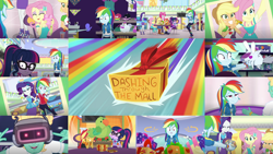 Size: 1280x721 | Tagged: safe, derpibooru import, edit, edited screencap, editor:quoterific, screencap, applejack, fluttershy, pinkie pie, rainbow dash, rarity, sci-twi, sunset shimmer, twilight sparkle, zephyr breeze, better together, equestria girls, holidays unwrapped, applejack is not amused, applejack's hat, boots, bowtie, bracelet, canterlot mall, clothes, converse, cowboy boots, cowboy hat, cutie mark, cutie mark on clothes, dashing through the mall, denim skirt, eyes closed, geode of empathy, geode of fauna, geode of shielding, geode of sugar bombs, geode of super speed, geode of super strength, geode of telekinesis, glasses, hairpin, hammer, hat, high heels, hoodie, jacket, jewelry, leather, leather jacket, magical geodes, peace sign, pink camera, ponytail, present, rainbow dash is best facemaker, rainbow dash is not amused, rarity is not amused, rarity peplum dress, sandals, shoes, skirt, smiling, unamused