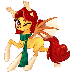 Size: 1698x1700 | Tagged: safe, artist:xvostik, derpibooru import, oc, oc only, oc:maple honey, bat pony, bat pony oc, clothes, ear fluff, ears, one eye closed, scarf, socks (coat marking), solo, transparent wings, wings, wink