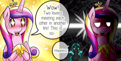 Size: 2964x1489 | Tagged: safe, artist:vavacung, derpibooru import, princess cadance, queen chrysalis, alicorn, changeling, pony, comic:to love alicorn, comic, cropped, cute, cutedance, duo, female, mare