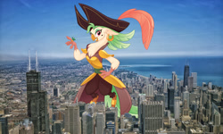 Size: 2000x1200 | Tagged: safe, artist:theotterpony, derpibooru import, captain celaeno, anthro, bird, parrot, my little pony: the movie, city, female, giantess, hat, looking at you, macro, ocean, pirate, pirate hat, smiling, solo, story in the source, story included