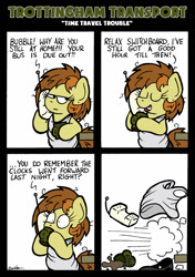 Size: 1024x1453 | Tagged: safe, artist:bobthedalek, derpibooru import, oc, oc only, oc:bubble pump, earth pony, pony, comic:trottingham transport, bed mane, clothes, daylight savings, mug, phone, sudden realization, underwear, vest