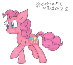 Size: 964x861 | Tagged: safe, artist:cmara, derpibooru import, pinkie pie, oc, earth pony, pony, earth pony oc, female, mare, raised hoof, raised leg, simple background, solo, traditional art, white background