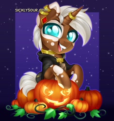 Size: 1110x1182 | Tagged: safe, artist:sickly-sour, derpibooru import, oc, oc only, pony, unicorn, halloween, holiday, jack-o-lantern, pumpkin