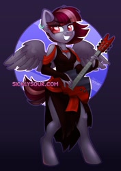 Size: 848x1200 | Tagged: safe, artist:sickly-sour, derpibooru import, oc, oc only, oc:electrik, anthro, pegasus, unguligrade anthro, anthro oc, black dress, clothes, dress, ear piercing, earring, female, grin, guitar, jewelry, mare, musical instrument, piercing, side slit, solo