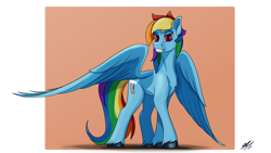 Size: 3840x2160 | Tagged: safe, artist:tenebrisnoctus, derpibooru import, rainbow dash, pegasus, pony, female, grin, looking at you, mare, signature, simple background, smiling, solo