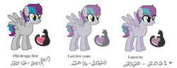 Size: 1255x481 | Tagged: safe, artist:hippykat13, derpibooru import, oc, oc only, oc:kitty sweet, cat, pegasus, pony, bags under eyes, base used, female, freckles, heart, mare, multicolored hair, oc development, scar, short hair, short mane, solo, timeline