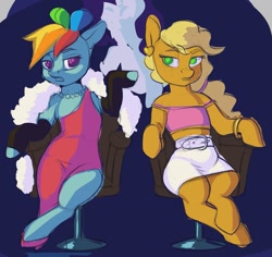 Size: 1313x1240 | Tagged: safe, artist:escdev, derpibooru import, applejack, rainbow dash, earth pony, pegasus, pony, alternate hairstyle, applejack also dresses in style, belt, bracelet, chair, clothes, colored sketch, dress, duo, ear piercing, earring, feather boa, female, gloves, hoof gloves, hoof shoes, jewelry, long gloves, mare, necklace, piercing, rainbow dash always dresses in style, short shirt, sitting, skirt, tomboy taming, wip