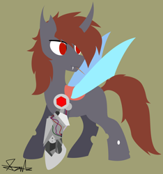 Size: 3572x3819 | Tagged: safe, artist:samsailz, derpibooru import, oc, oc:jax, changeling, unicorn, fangs, lineless, mechanical hands, red changeling, red eyes, robotic arm, toothpick, wings