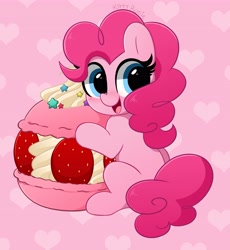 Size: 3773x4096 | Tagged: safe, artist:kittyrosie, derpibooru import, pinkie pie, earth pony, cute, diapinkes, food, heart, high res, macaron, open mouth, pink background, simple background, sitting, solo, strawberry, whipped cream