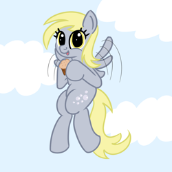Size: 1200x1200 | Tagged: safe, artist:dafiltafish, derpibooru import, derpy hooves, ditzy doo, pegasus, pony, cloud, flying, food, muffin, solo