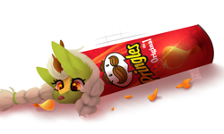 Size: 1700x1020 | Tagged: safe, artist:elektra-gertly, derpibooru import, kirin, chips, commission, food, potato chips, pringles, silly, solo, stuck, tiny, tiny ponies, tongue, tongue out, ych result