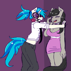 Size: 2300x2297 | Tagged: safe, artist:currentlytr_ash, derpibooru import, dj pon-3, octavia melody, vinyl scratch, anthro, earth pony, unicorn, alternate hairstyle, blushing, bowtie, breasts, cleavage, eyes closed, female, flower, glasses, lesbian, mouth hold, necktie, open mouth, orbtavia, rose, scratchtavia, shipping