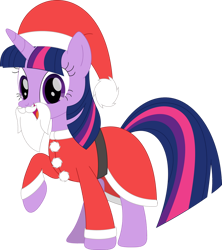 Size: 842x949 | Tagged: safe, artist:porygon2z, derpibooru import, twilight sparkle, unicorn twilight, pony, unicorn, christmas, clothes, costume, fake beard, female, hat, holiday, horn, looking at you, open mouth, santa beard, santa claus, santa costume, santa hat, simple background, solo, transparent background, vector