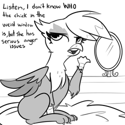 Size: 3000x3000 | Tagged: safe, artist:tjpones, derpibooru import, gilda, griffon, behaving like a bird, behaving like a cat, black and white, catbird, cute, dialogue, dweeb, female, gildadorable, grayscale, griffons doing bird things, griffons doing cat things, mirror, monochrome, nest, silly, solo, talking to viewer, text