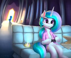 Size: 1211x986 | Tagged: safe, artist:foxpit, derpibooru import, princess celestia, princess luna, alicorn, pony, controller, crown, female, flower shirt, food, jewelry, mare, pizza, playing, regalia, sofa