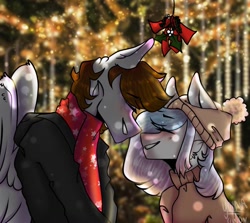 Size: 1024x912 | Tagged: safe, alternate version, artist:yoonah, derpibooru import, oc, oc only, anthro, earth pony, pegasus, beanie, blushing, bust, clothes, colored, duo, earth pony oc, eyes closed, grin, hat, mistletoe, oc x oc, outdoors, pegasus oc, scarf, shipping, smiling, wings