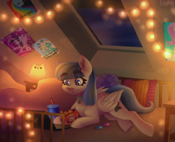 Size: 2829x2300 | Tagged: safe, artist:irinamar, derpibooru import, fluttershy, rainbow dash, twilight sparkle, twilight sparkle (alicorn), oc, oc:snow pup, alicorn, pegasus, pony, bed, bedroom, candy, chips, collar, computer, drink, female, folded wings, food, lamp, laptop computer, lying down, mare, pet tag, pillow, poster, string lights, window, wings, wonderbolts