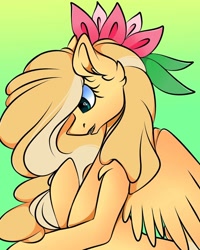 Size: 1080x1350 | Tagged: safe, artist:tessa_key_, derpibooru import, oc, oc only, pegasus, pony, ear fluff, ears, eyelashes, female, flower, flower in hair, gradient background, mare, open mouth, pegasus oc, solo, wings