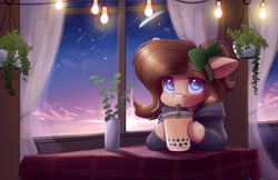 Size: 4250x2750 | Tagged: safe, artist:ardail, derpibooru import, oc, oc:mocha latte, boba tea, bow, cafe, clothes, hoodie, plant