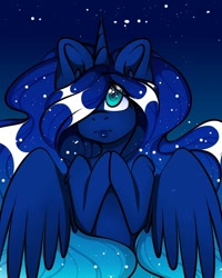 Size: 1080x1350 | Tagged: safe, alternate version, artist:tessa_key_, derpibooru import, princess luna, alicorn, pony, bust, colored, ear fluff, ears, ethereal mane, eyelashes, female, hair over one eye, horn, mare, night, solo, starry mane, stars, wings