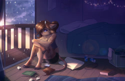 Size: 3400x2200 | Tagged: safe, artist:ardail, derpibooru import, oc, oc:mocha latte, anthro, cow, unguligrade anthro, barely pony related, bedroom, cowified, curled up, depressed, earbuds, messy, no pony, rain, species swap