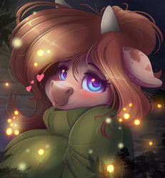 Size: 2200x2382 | Tagged: safe, artist:ardail, derpibooru import, oc, oc:mocha latte, cow, firefly (insect), insect, boopable, clothes, cowified, cute, floating heart, heart, messy hair, ponytail, species swap, sweater