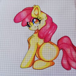 Size: 1080x1080 | Tagged: safe, artist:tessa_key_, derpibooru import, apple bloom, earth pony, pony, :p, ear fluff, ears, eyelashes, female, filly, graph paper, sitting, solo, tongue, tongue out, traditional art