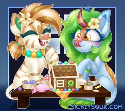 Size: 1086x969 | Tagged: safe, artist:sickly-sour, derpibooru import, oc, oc only, oc:bombay colada, kirin, pony, zebra, female, flower, flower in hair, gingerbread house, jewelry, mare, necklace