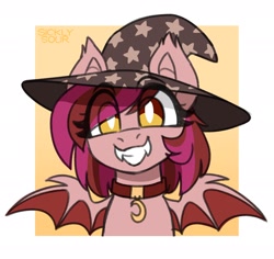 Size: 2024x1913 | Tagged: safe, artist:sickly-sour, derpibooru import, oc, oc only, oc:velvet silverwing, bat pony, pony, bust, collar, female, hat, mare, solo, witch hat