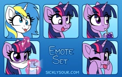 Size: 1443x910 | Tagged: safe, artist:sickly-sour, derpibooru import, twilight sparkle, oc, pony, :p, cross-eyed, derp, emotes, face mask, juice, juice box, mask, silly, silly pony, tongue, tongue out