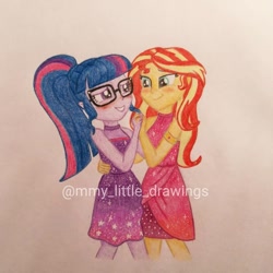 Size: 1080x1080 | Tagged: safe, artist:mmy_little_drawings, derpibooru import, sci-twi, sunset shimmer, twilight sparkle, better together, equestria girls, spring breakdown, blushing, clothes, dancing, dress, eyelashes, female, glasses, grin, holding hands, lesbian, scitwishimmer, shipping, sleeveless, smiling, sunsetsparkle, traditional art, watermark