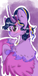 Size: 600x1200 | Tagged: safe, artist:cocolove2176, derpibooru import, twilight sparkle, twilight sparkle (alicorn), alicorn, pony, abstract background, blushing, bust, eyelashes, female, horn, mare, smiling, solo, two toned wings, wings