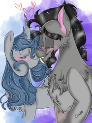 Size: 899x1200 | Tagged: safe, artist:cocolove2176, derpibooru import, oc, oc only, draconequus, pony, unicorn, abstract background, blushing, draconequus oc, eyes closed, female, horn, male, oc x oc, shipping, straight, unicorn oc