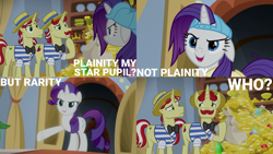 Size: 1280x720 | Tagged: safe, derpibooru import, edit, edited screencap, editor:quoterific, screencap, flam, flim, rarity, pony, unicorn, friendship university, alternate hairstyle, disguise, female, flim flam brothers, hat, male, mare, plainity, stallion