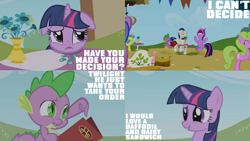 Size: 1280x720 | Tagged: safe, derpibooru import, edit, edited screencap, editor:quoterific, screencap, daisy, flower wishes, lemon hearts, rainbowshine, savoir fare, spike, twilight sparkle, unicorn twilight, dragon, pony, unicorn, the ticket master, animation error, eyes closed, i can't decide, nose in the air