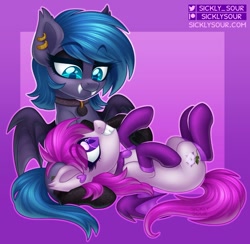 Size: 980x957 | Tagged: safe, artist:sickly-sour, derpibooru import, oc, oc only, oc:belfry towers, oc:violet moonflower, bat pony, pony, clothes, eyeshadow, fangs, female, makeup, mare, socks