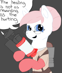 Size: 3000x3500 | Tagged: safe, artist:spagootispootis, derpibooru import, nurse redheart, earth pony, pony, female, glasses, gray background, looking at you, mare, medic, open mouth, open smile, simple background, smiling, smiling at you, speech bubble, talking, talking to viewer, team fortress 2, video game