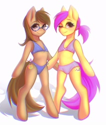 Size: 1827x2160 | Tagged: safe, artist:antilopachi, derpibooru import, oc, oc only, oc:dawnsong, oc:evensong, earth pony, pegasus, semi-anthro, bikini, bipedal, clothes, duo, female, glasses, looking at you, mare, one eye closed, siblings, side-tie bikini, simple background, sisters, smiling, smiling at you, swimsuit, two-piece swimsuit, white background, wink, winking at you